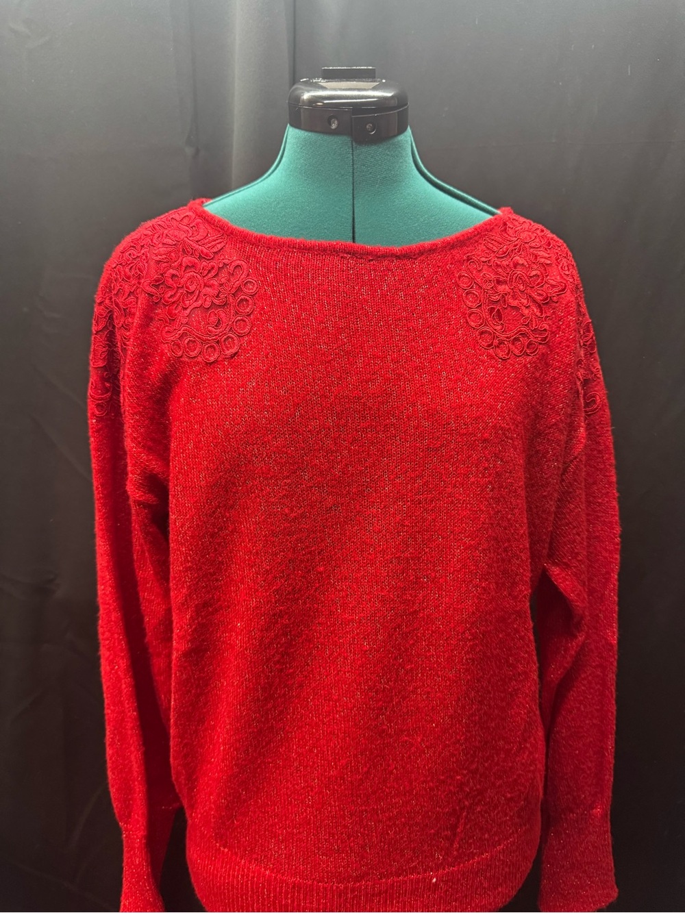 Elle Red Embroidered Shoulder Crewneck Sweater